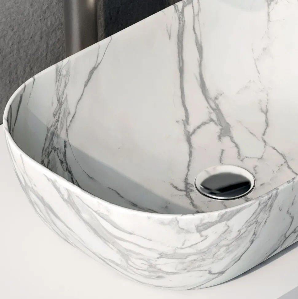Composizione Bagno con 2 Cassetti, Lavabo in Ceramica Calacatta e Specchio - Orione