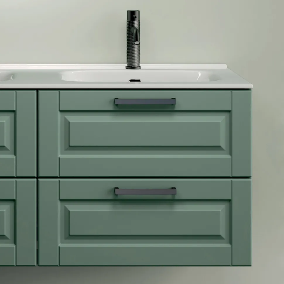 Composizione Bagno con 4 Cassetti Verde Salvia, Specchio e Lavabi - Magnolia
