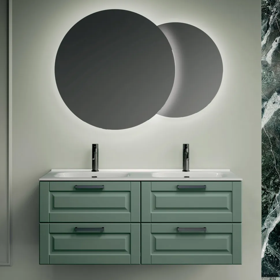 Composizione Bagno con 4 Cassetti Verde Salvia, Specchio e Lavabi - Magnolia