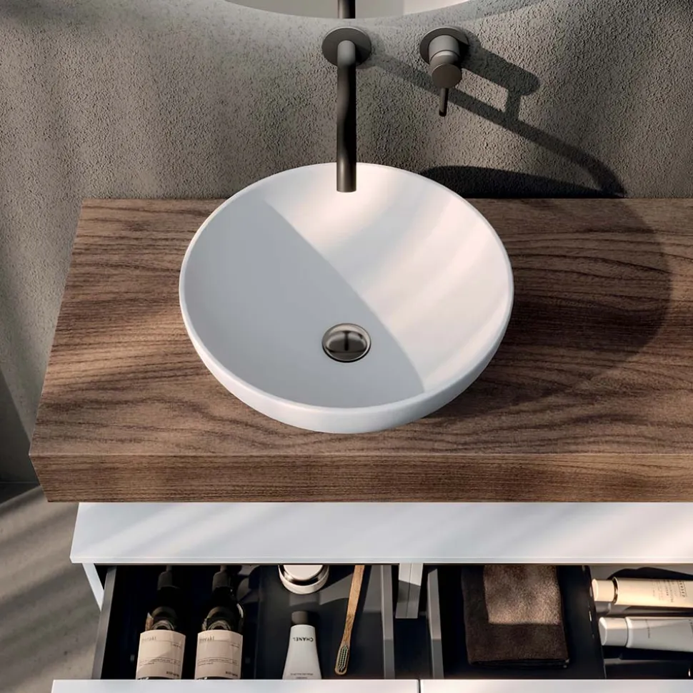 Composizione Bagno con 2 Cassetti, Specchio e Lavabo in Resina Bianca - Magnolia