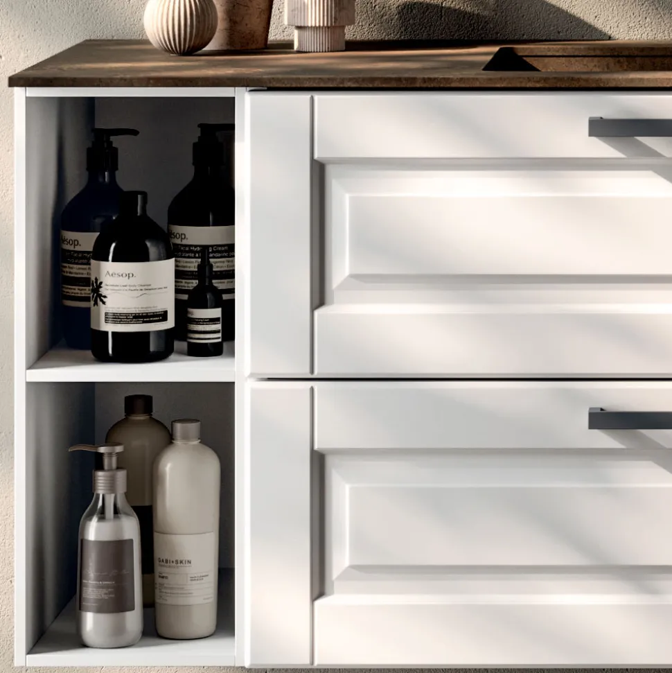 Composizione Bagno con 2 Cassetti e 2 Vani a Giorno, Specchio e Lavabo - Magnolia