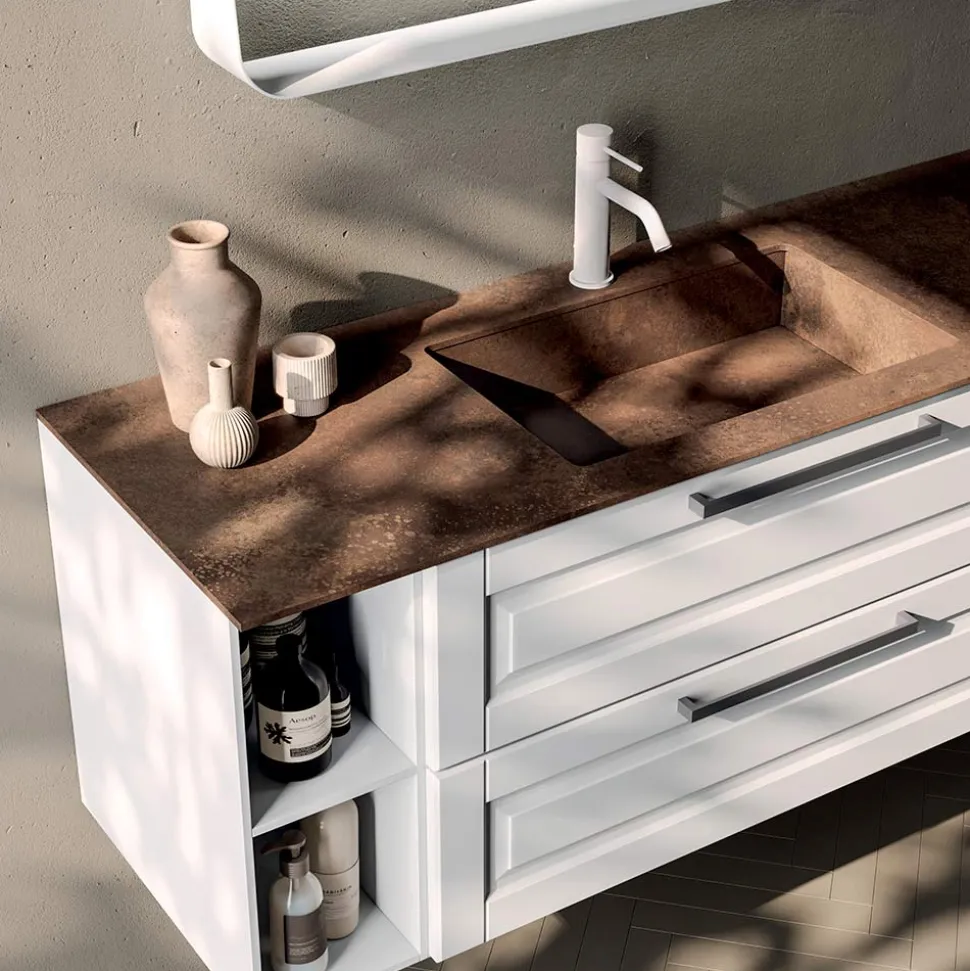 Composizione Bagno con 2 Cassetti e 2 Vani a Giorno, Specchio e Lavabo - Magnolia
