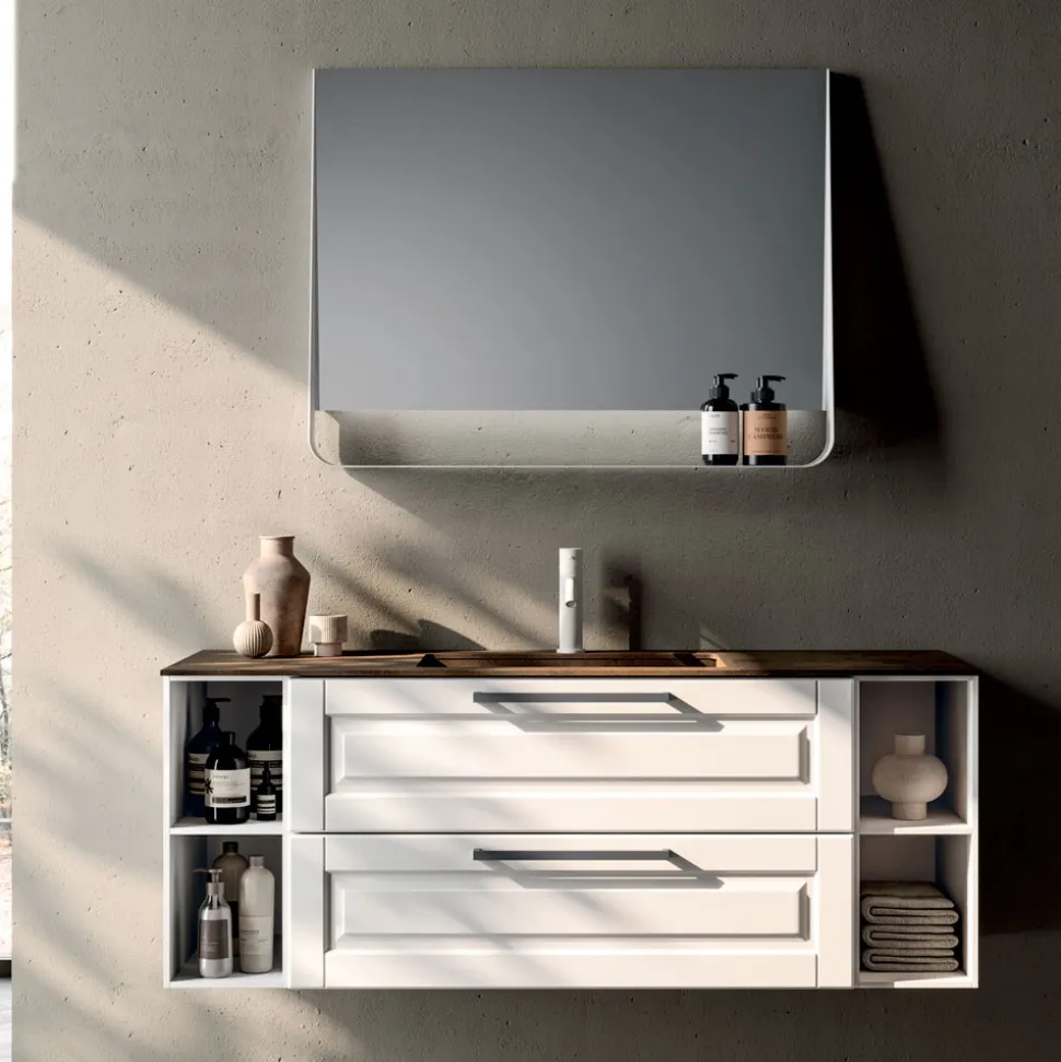 Composizione Bagno con 2 Cassetti e 2 Vani a Giorno, Specchio e Lavabo - Magnolia