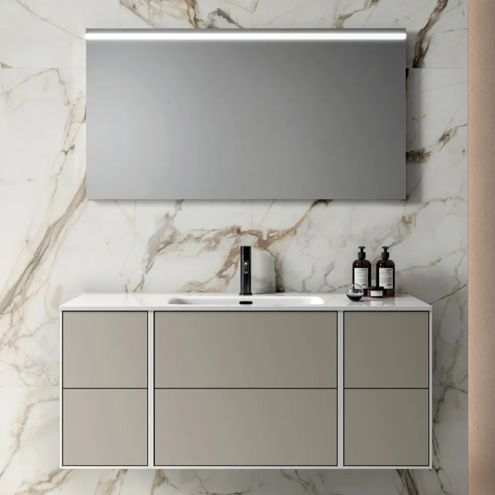 Composizione Bagno con 6 Cassetti Tortora, Specchio e Lavabo - Velaria