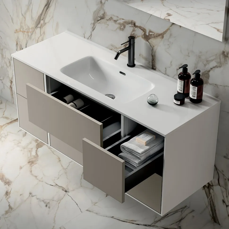 Composizione Bagno con 6 Cassetti Tortora, Specchio e Lavabo - Velaria