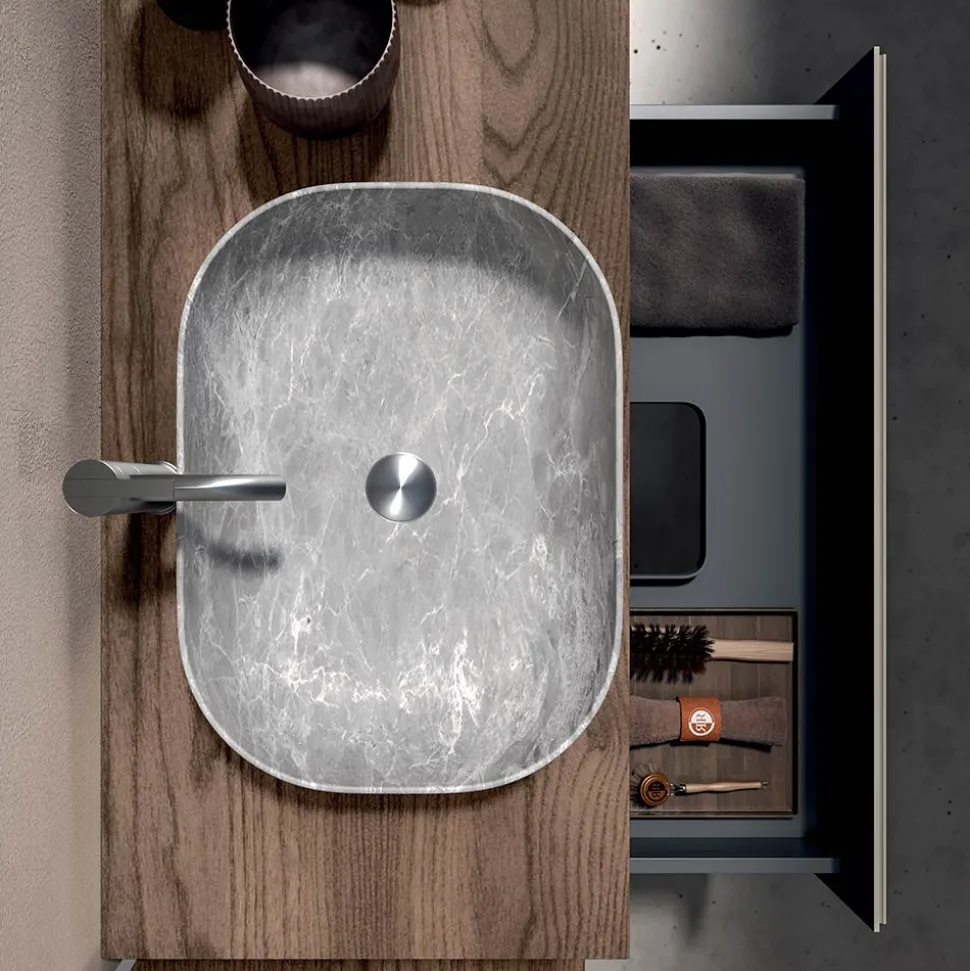 Composizione Bagno con 1 Cassetto, 2 Mensole in Quercia, Lavabo e Specchio - Titan