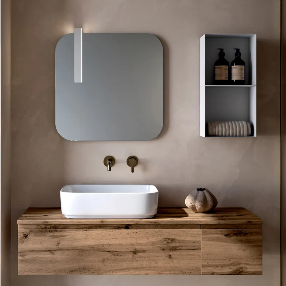 Composizione Bagno con 2 Cassetti in Quercia, Lavabo in Ceramica e Specchio - Titan