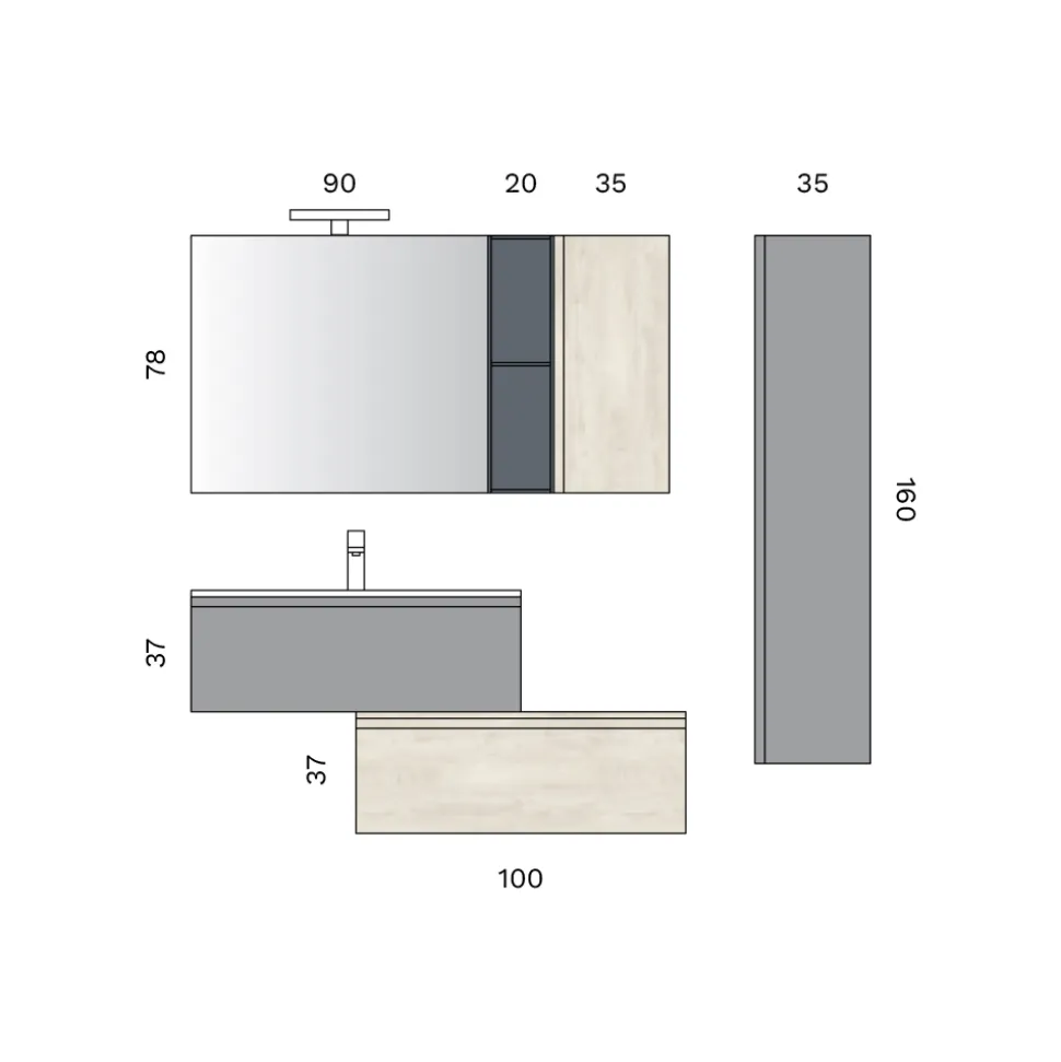 Composizione Bagno con 2 Cassetti, Pensile, Colonna e Specchio - Titan