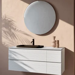 Composizione Bagno con 4 Cassetti, Lavabo in Ceramica Nero e Specchio - Elios