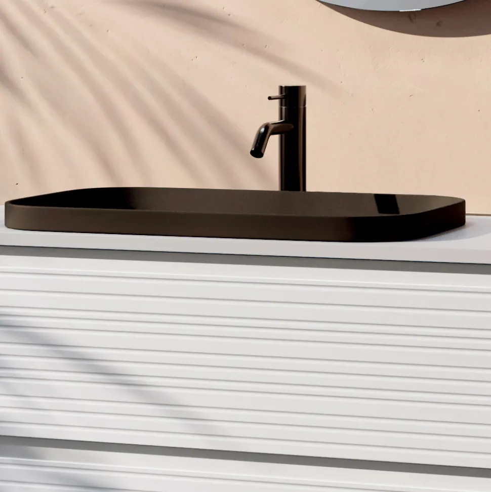 Composizione Bagno con 4 Cassetti, Lavabo in Ceramica Nero e Specchio - Elios
