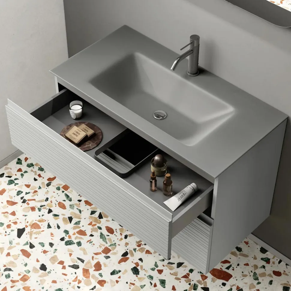 Composizione Bagno con 2 Cassetti, Lavabo in Vetro Grigio e Specchio - Elios