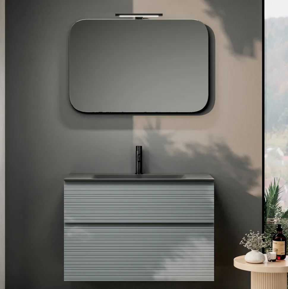 Composizione Bagno con 2 Cassetti, Lavabo in Vetro Grigio e Specchio - Elios