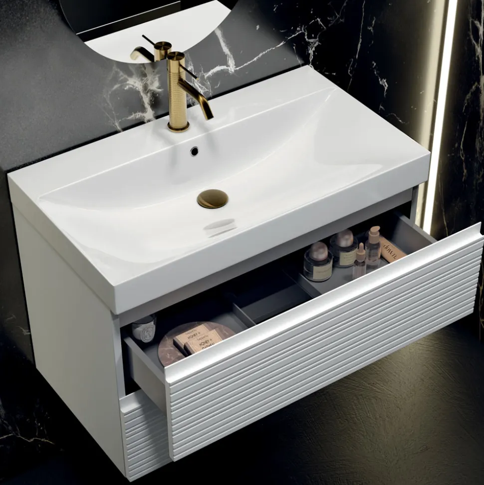 Composizione Bagno con 2 Cassetti Bianco Opaco, Lavabo e Specchio - Elios