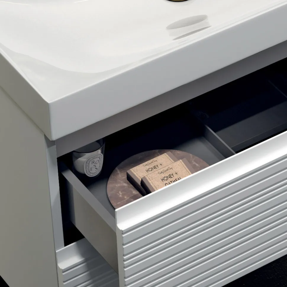 Composizione Bagno con 2 Cassetti Bianco Opaco, Lavabo e Specchio - Elios