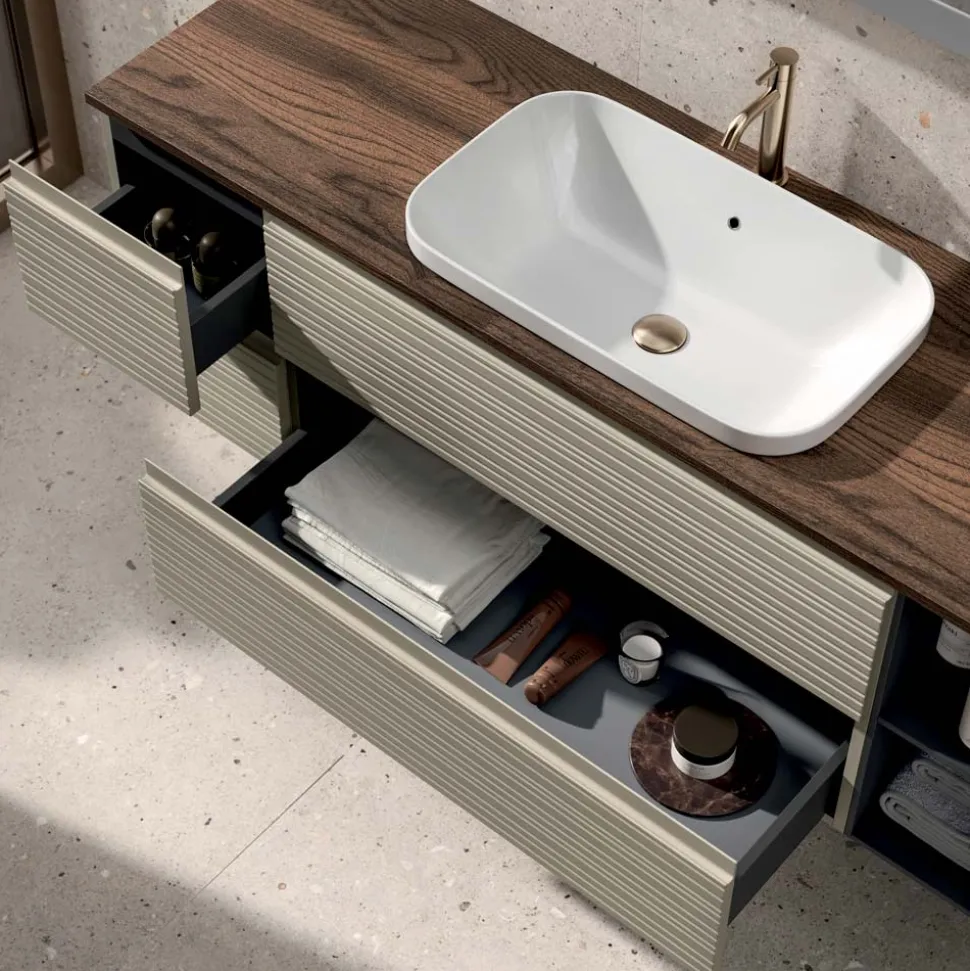 Composizione Bagno con 4 Cassetti, Lavabo, Specchio e Vani a Giorno - Elios