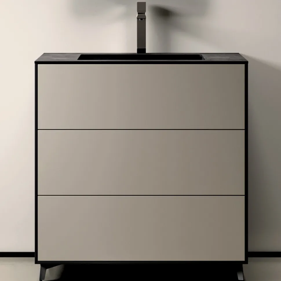 Composizione Bagno con 3 Cassetti Tortora Opachi, Specchio e Lavabo - Velaria