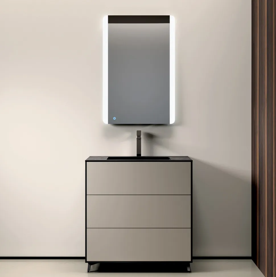 Composizione Bagno con 3 Cassetti Tortora Opachi, Specchio e Lavabo - Velaria