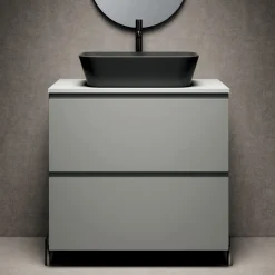 Composizione Bagno con 1 Cassetto, Lavabo in Resina Antracite e Specchio - Titan