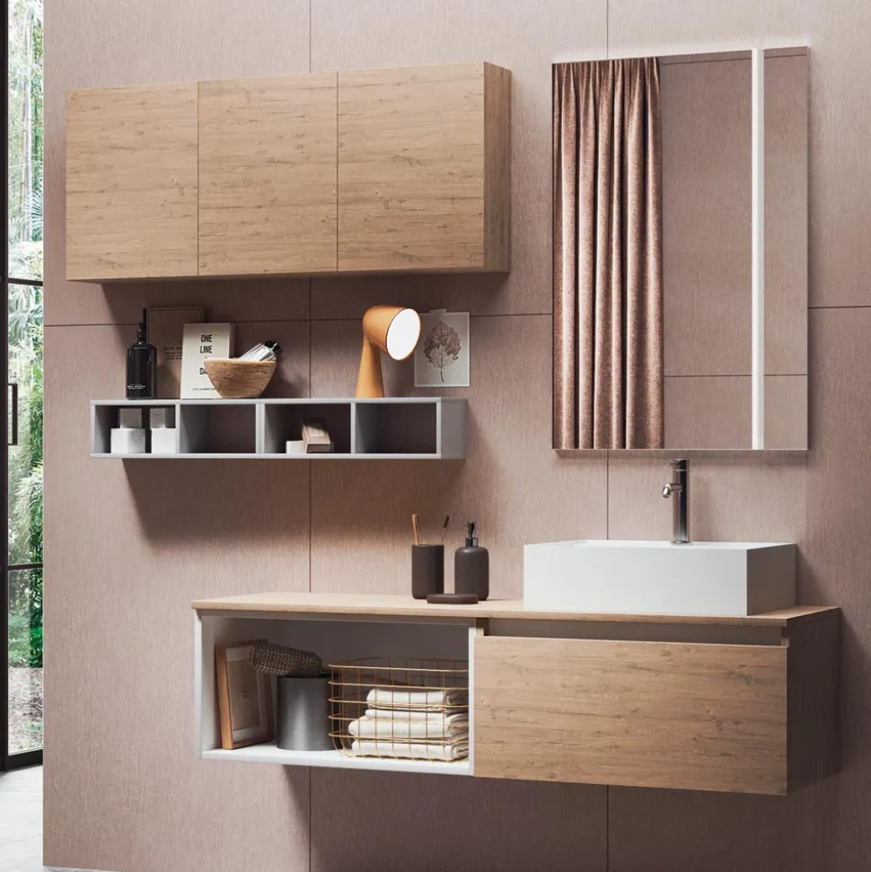 Composizione Bagno con Specchio con Lampada Integrata, Lavabo e Base - Dream