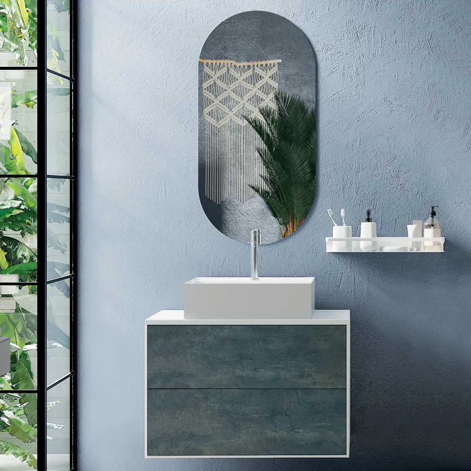 Composizione Bagno con Specchio Ovale, Base e Lavabo Made in Italy - Kilos