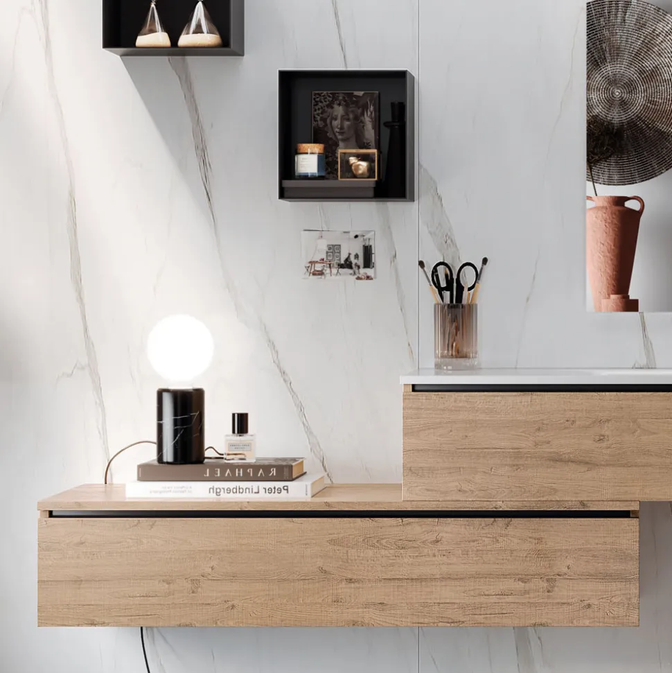 Composizione Bagno con Specchio, Lavabo in resina e Base Made in Italy - Palom