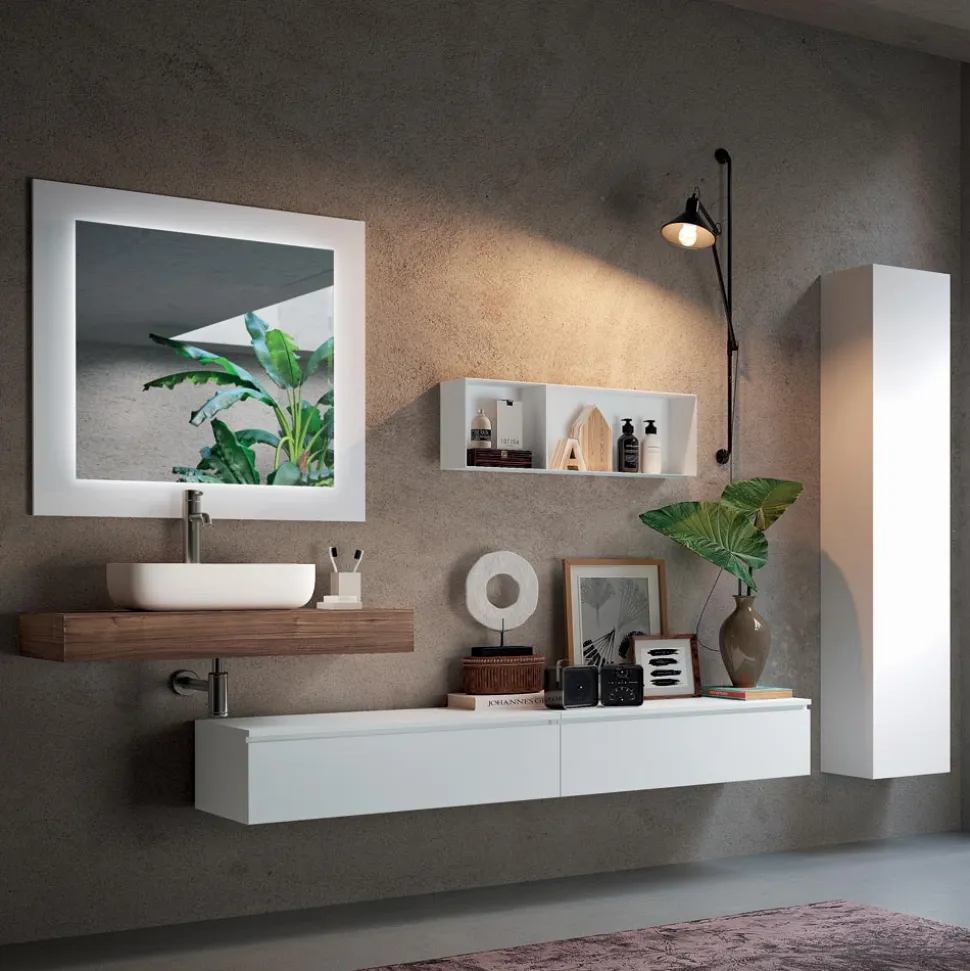 Composizione Bagno con Specchio e Lavabo in Ceramica Made in Italy - Palom