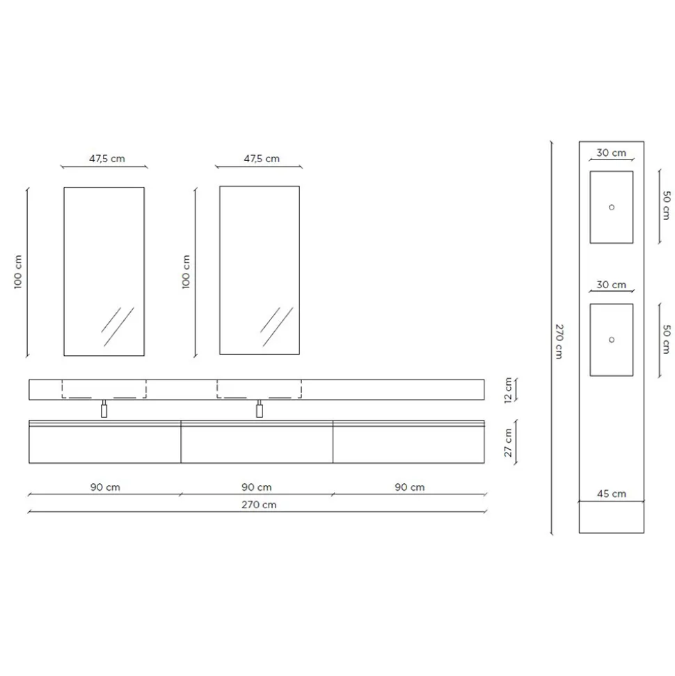 Composizione Bagno Doppia con Specchio Rettangolare e Lavabo Made in Italy - Palom