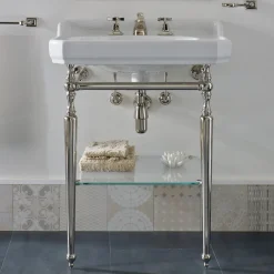 Consolle Bagno L 65 cm Ceramica e Piedi in Metallo Vintage Made in Italy Nausica