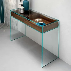 Consolle da Ingresso in Vetro Extrachiaro con 2 Cassetti Noce Canaletto - Selex