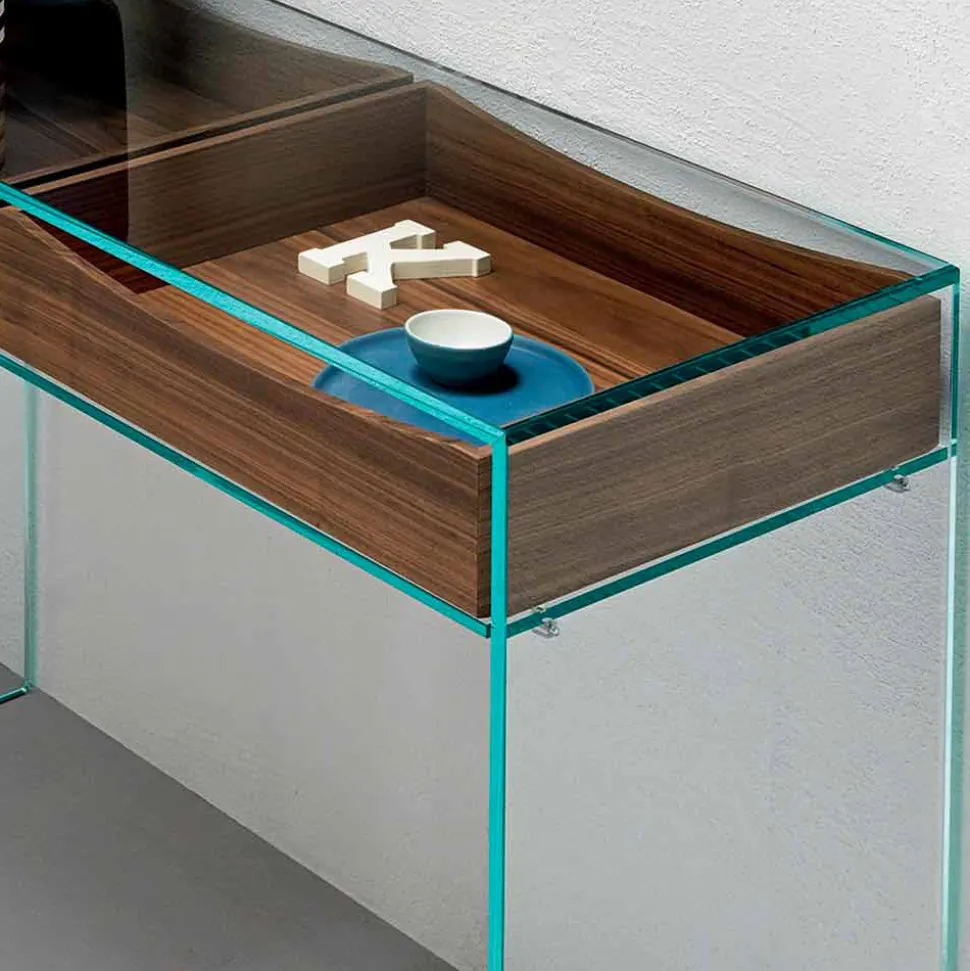 Consolle da Ingresso in Vetro Extrachiaro con 2 Cassetti Noce Canaletto - Selex