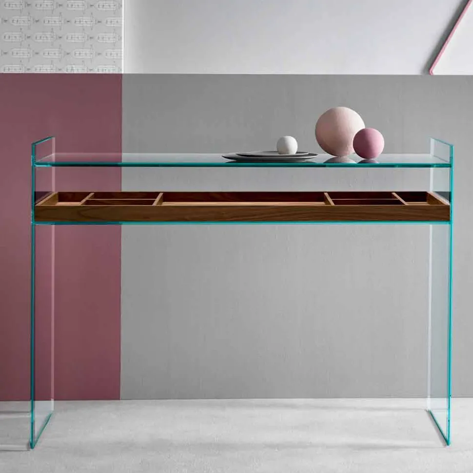 Consolle di Design in Vetro Extrachiaro con Vassoio Made in Italy – Imperativo
