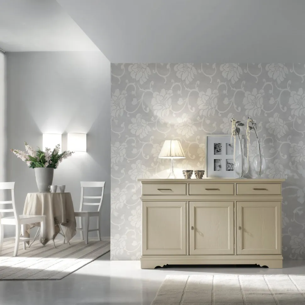 Credenza con 3 Ante e 3 Cassetti in Avorio Patinato Made in Italy - Gleti