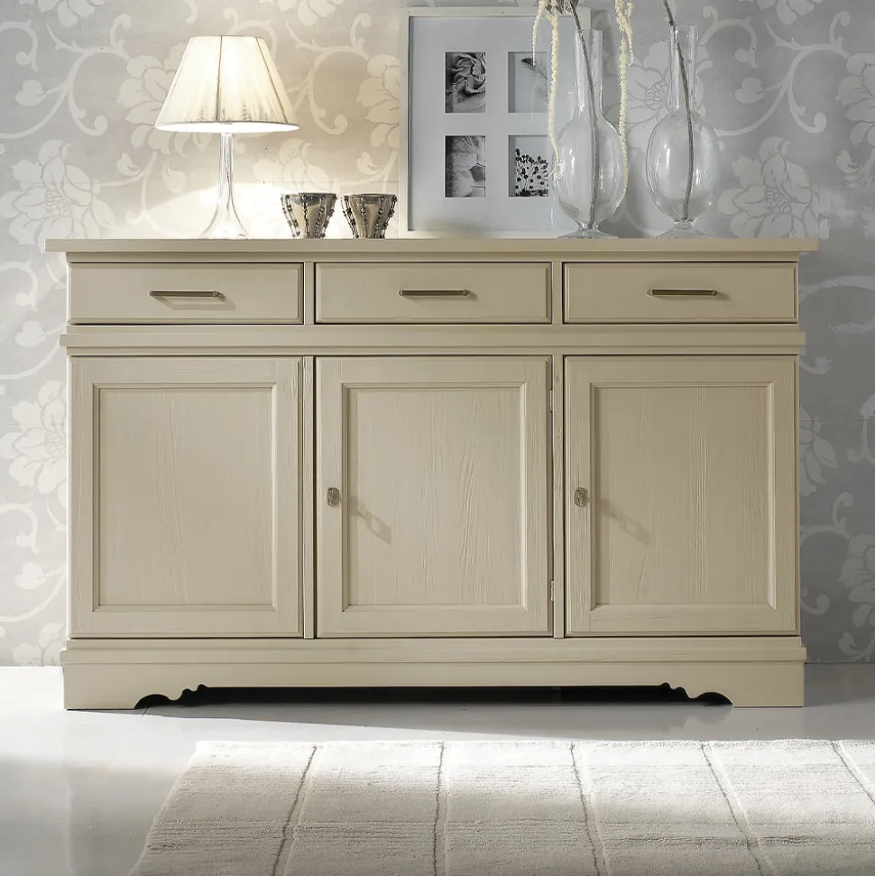 Credenza con 3 Ante e 3 Cassetti in Avorio Patinato Made in Italy - Gleti