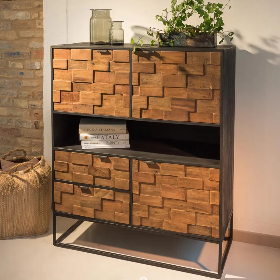 Credenza da Interno in Legno Riciclato Patchwork e Base in Metallo - Slide