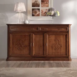 Credenza in Legno Finitura Noce Patinato con Decoro Giglio Made in Italy - Ciliegia