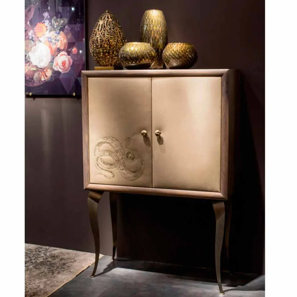 Credenza moderna con 2 ante in legno massello e pelle anilina Joy