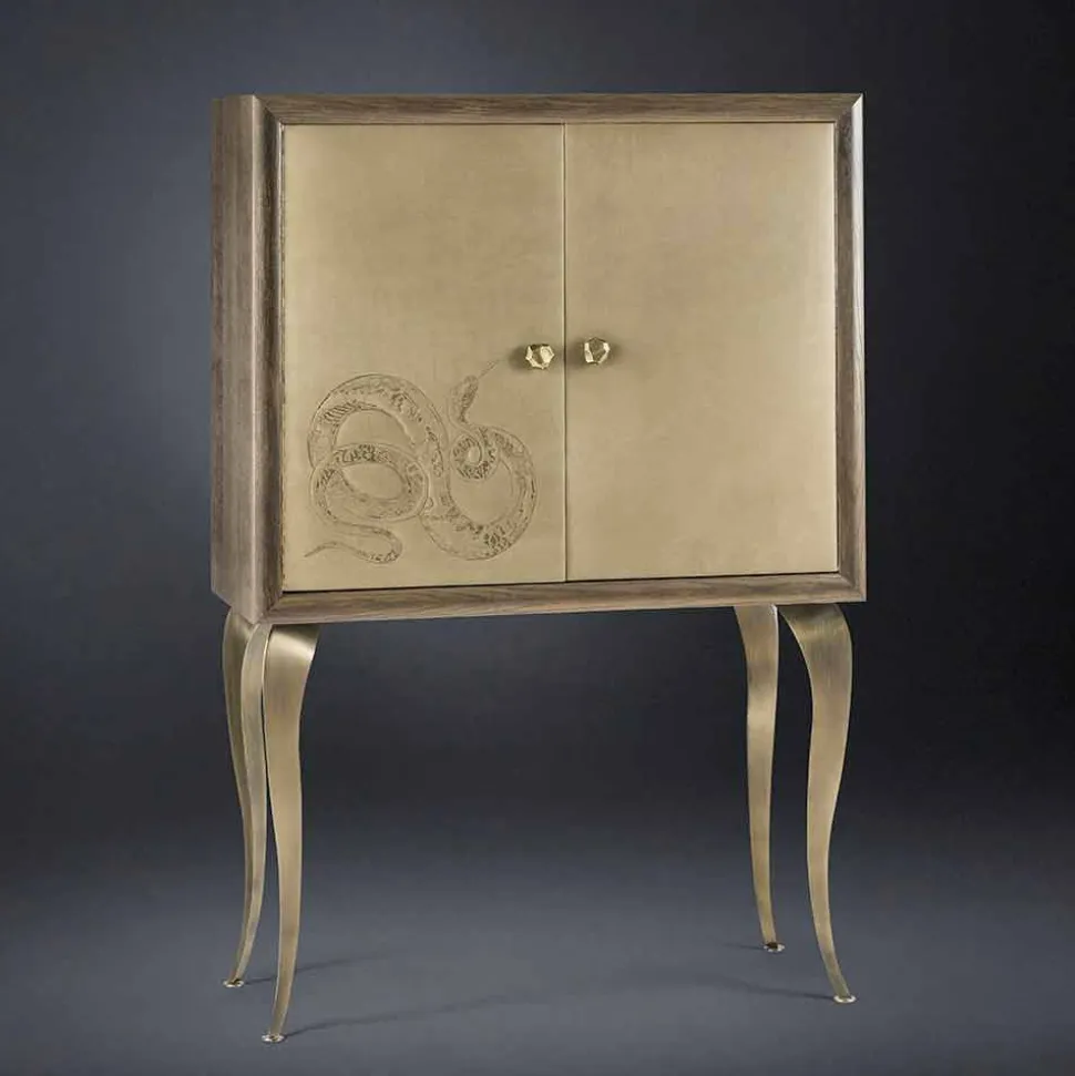 Credenza moderna con 2 ante in legno massello e pelle anilina Joy