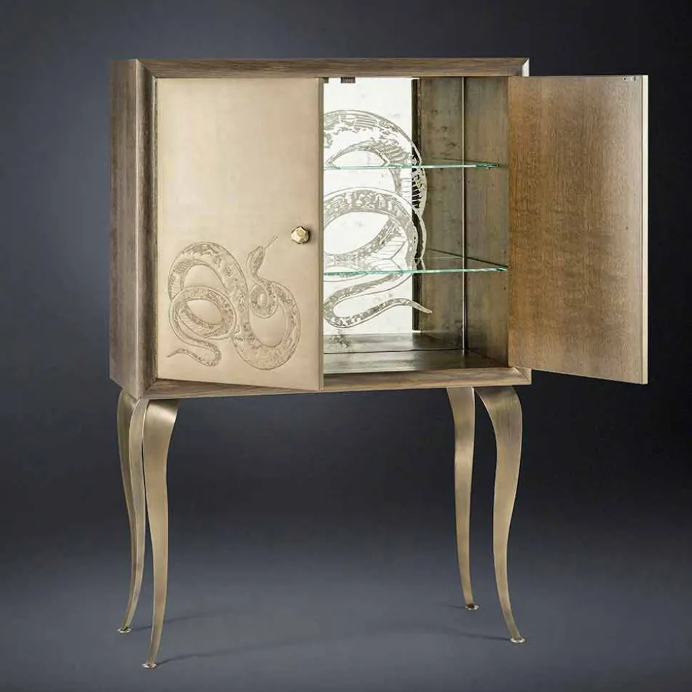 Credenza moderna con 2 ante in legno massello e pelle anilina Joy
