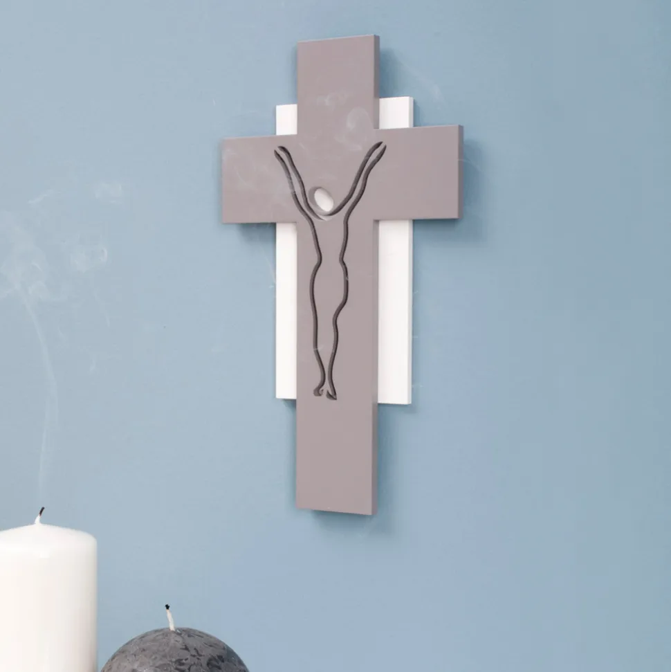 Crocifisso Bianco e Grigio Realizzato con Incisione Laser Made in Italy - Nadia