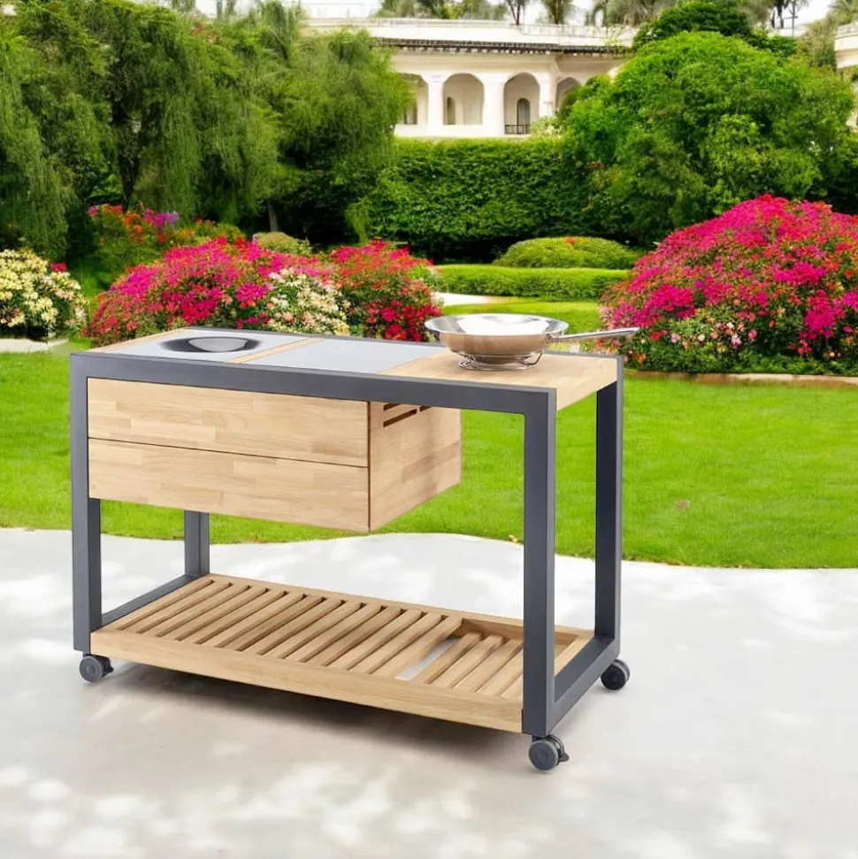 Cucina da Esterno 140x65x93 cm Realizzata in Teak Massiccio e Alluminio - Conviviale