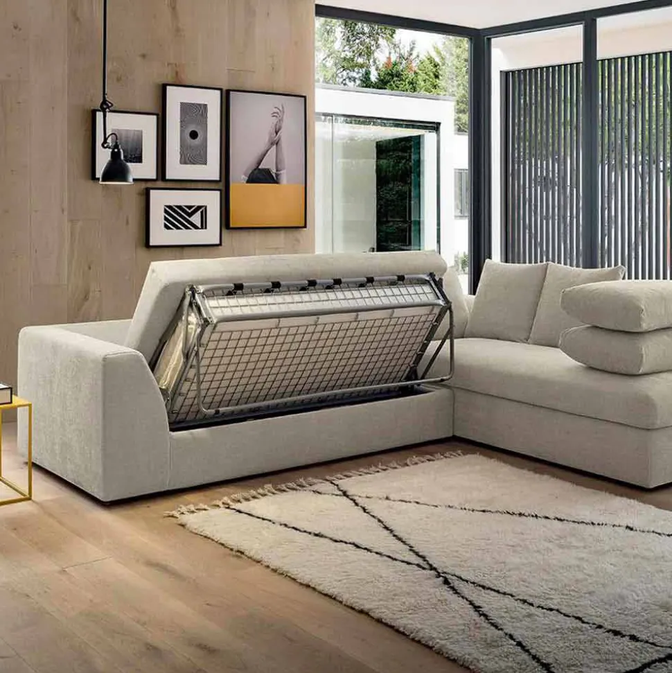 Divano Letto Angolare di Design in Tessuto Beige Realizzato in Italia - Ortensia
