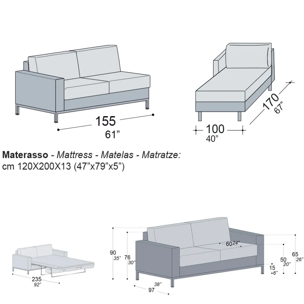 Divano Letto con Penisola in Metallo e Poliuretano Made in Italy - Folle