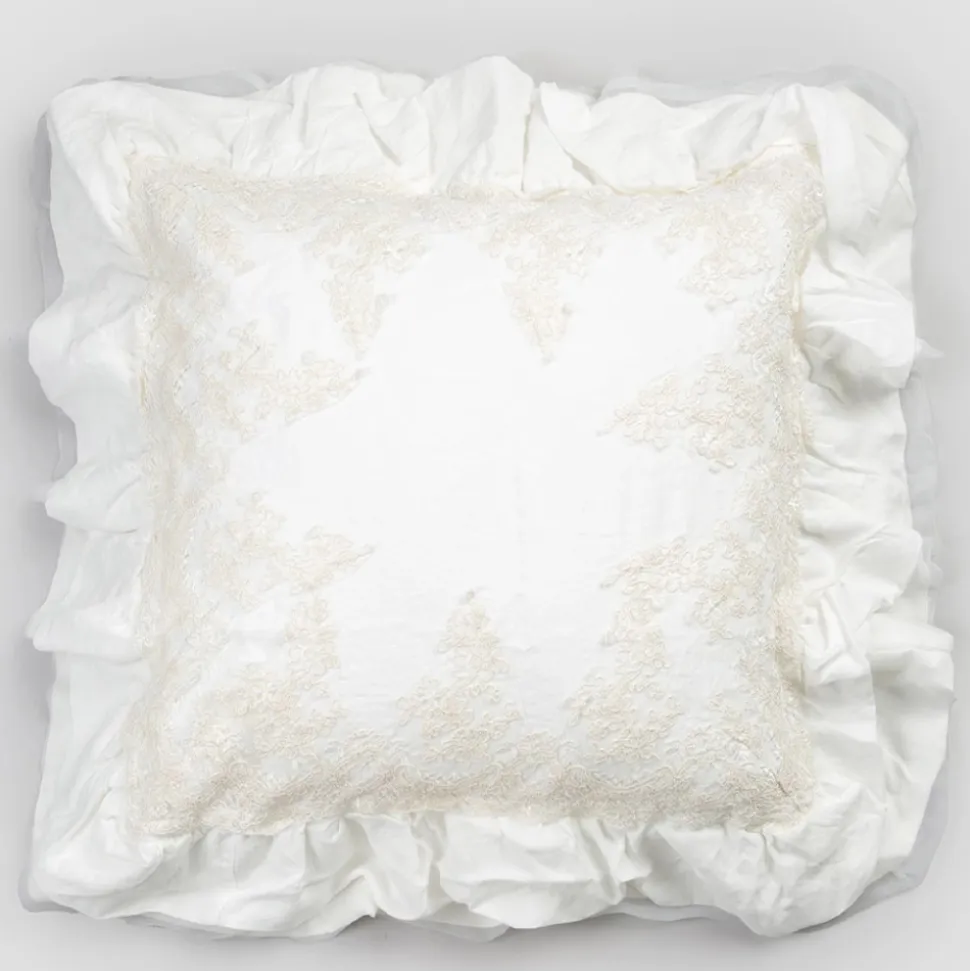 Federa Quadrata in Lino Bianco con Pizzo di Decoro sui Bordi e Balze - Priscilla