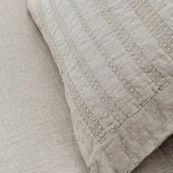 Federa Quadrata in Lino Gesso o Retrò Decoro con Ricamo Sfere e Cornice - Gomito