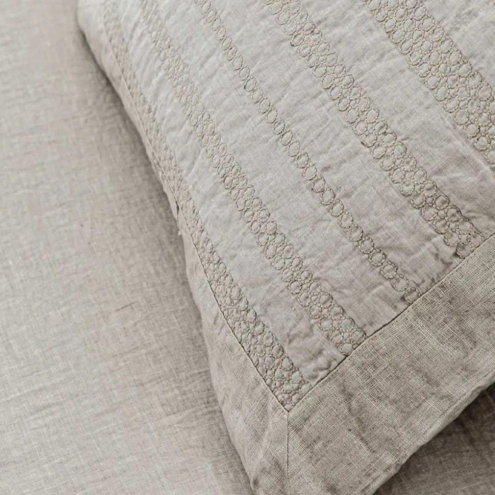 Federa Quadrata in Lino Gesso o Retrò Decoro con Ricamo Sfere e Cornice - Gomito