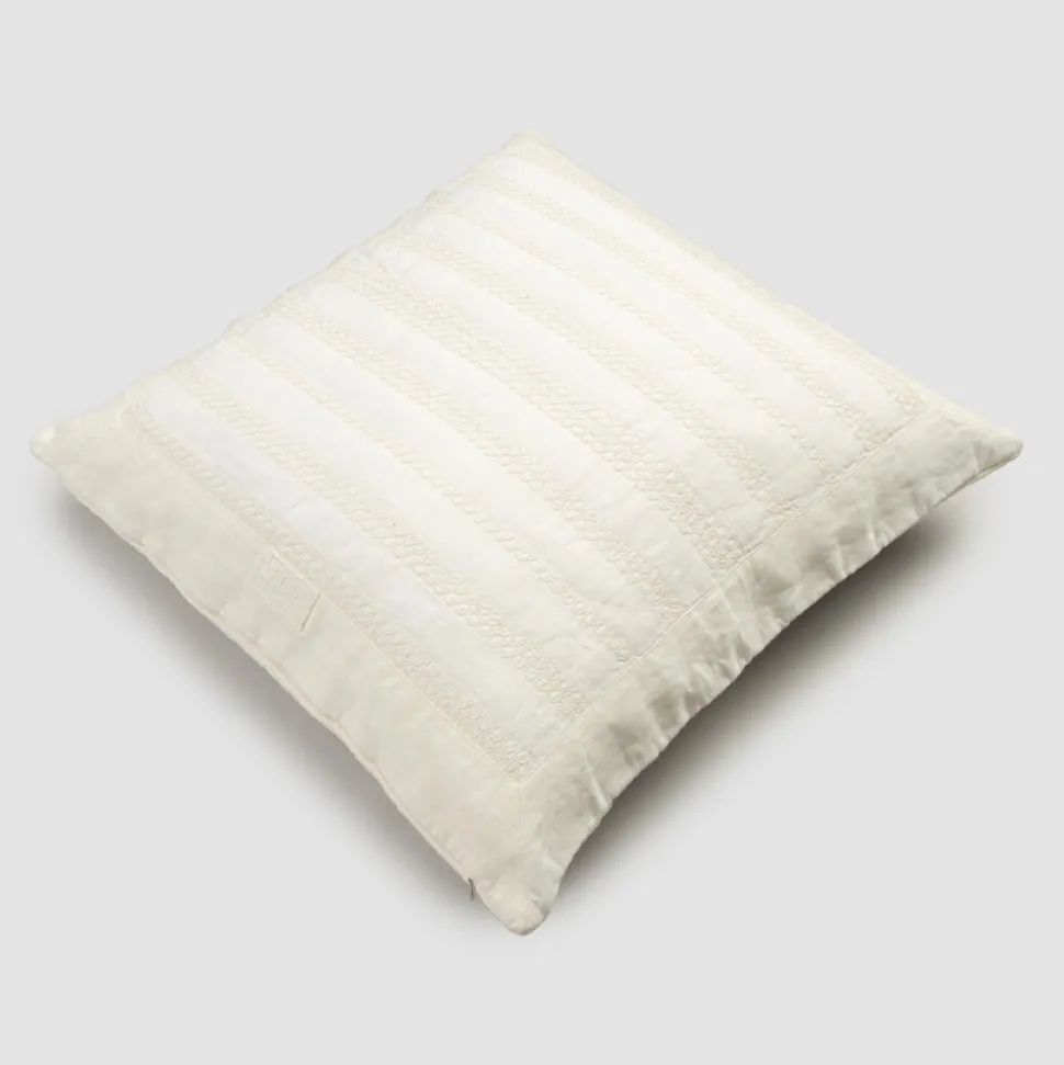 Federa Quadrata in Lino Gesso o Retrò Decoro con Ricamo Sfere e Cornice - Gomito