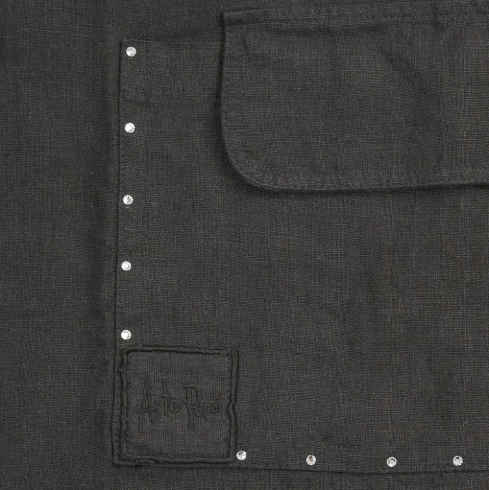 Grembiule da Cucina Lino Nero con Cristalli Modello Basso con Taschino - Click