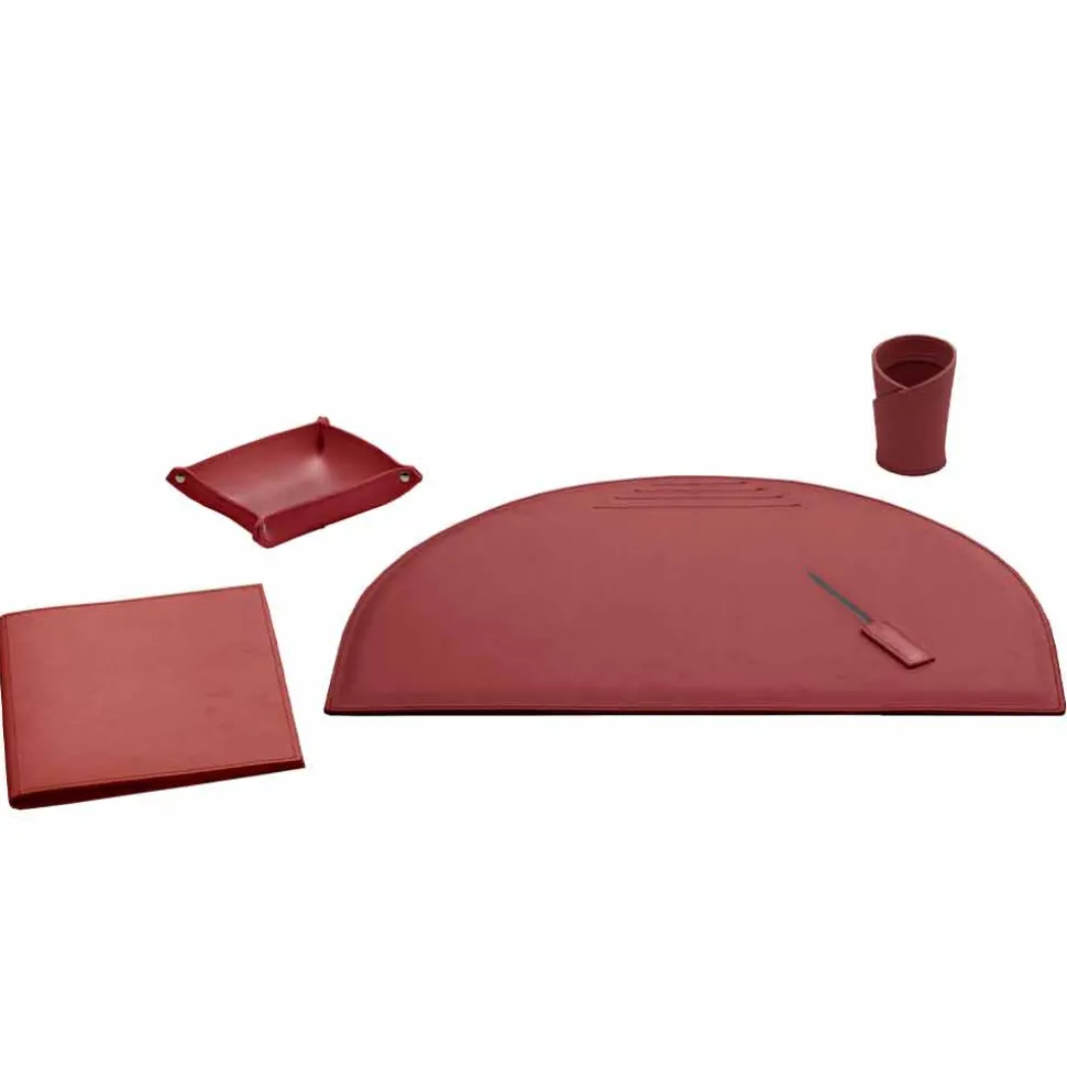 Insieme di 5 Accessori per Scrivania Ufficio in Cuoio, Made in Italy - Medea