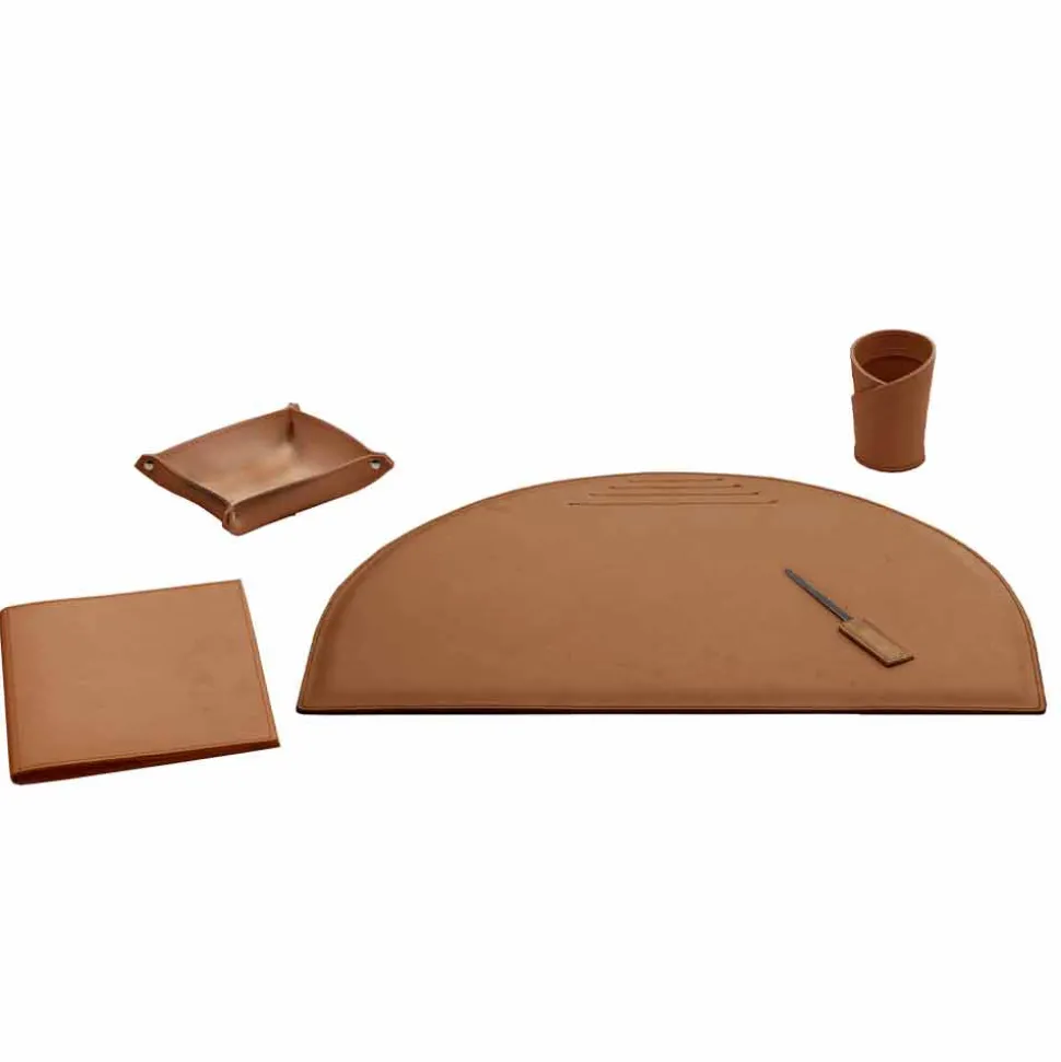 Insieme di 5 Accessori per Scrivania Ufficio in Cuoio, Made in Italy - Medea