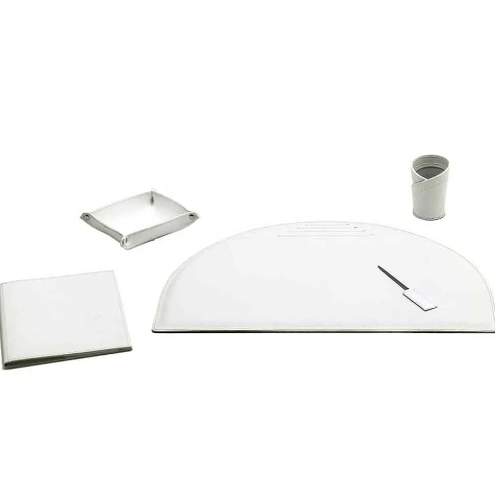 Insieme di 5 Accessori per Scrivania Ufficio in Cuoio, Made in Italy - Medea